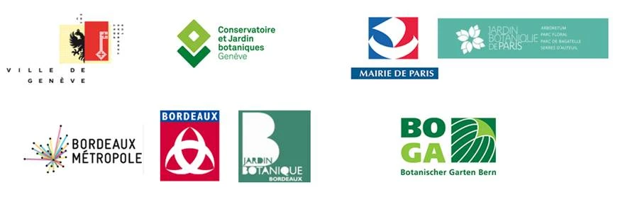 Logos historiques de la Ville de Genève, des jardins botaniques de Genève, de Paris, de Bordeaux et de Berne
